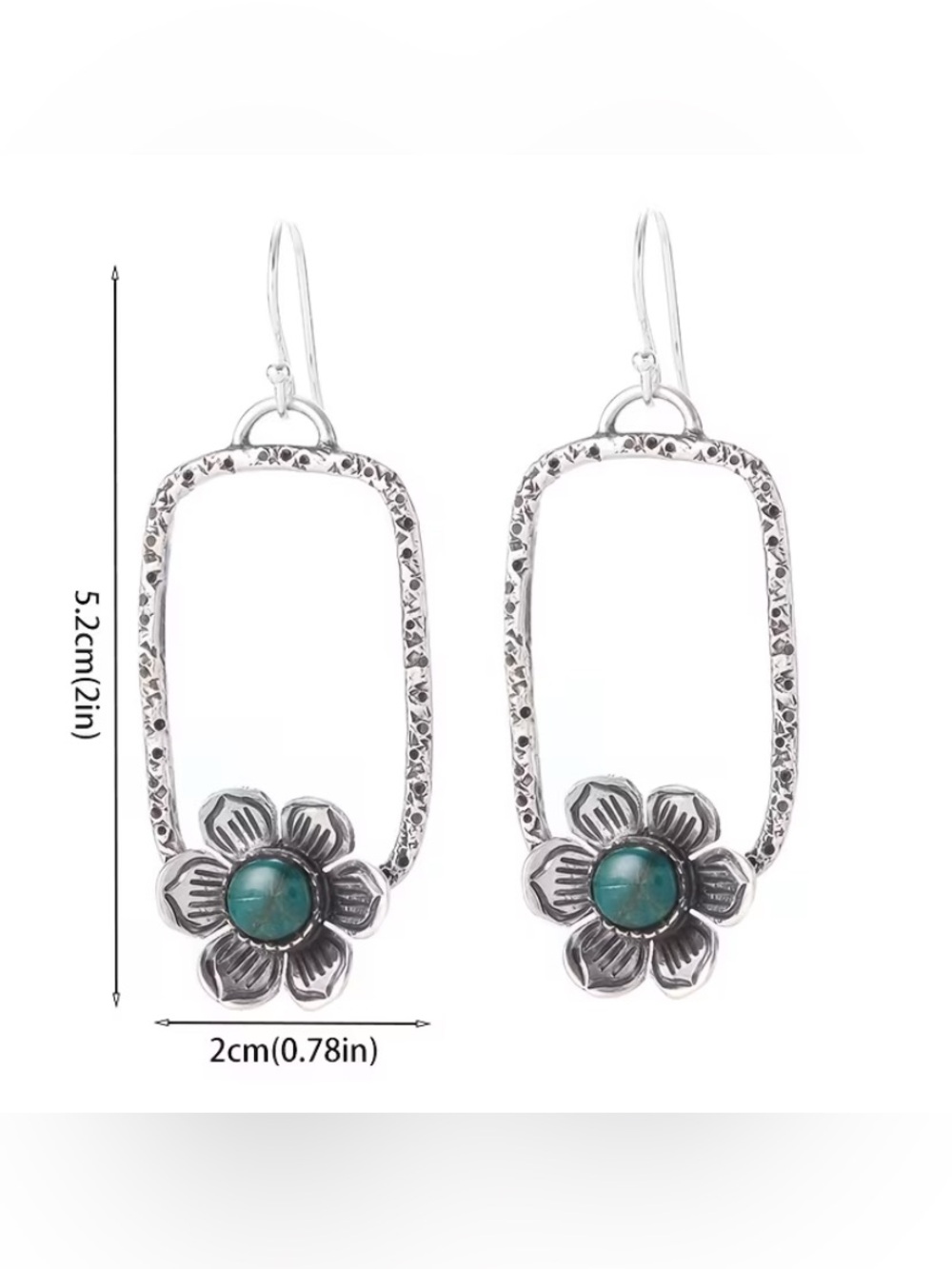 WESTERN Silvertone Floral Drop Earrings with Faux Turquoise Center - Picture 2 of 4